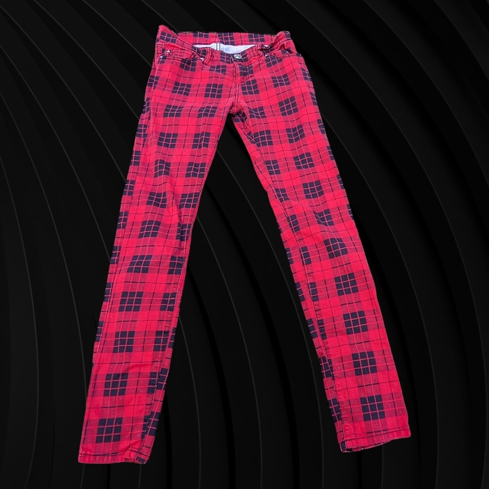 Abbey Dawn Red and Black Plaid Skinny Jeans